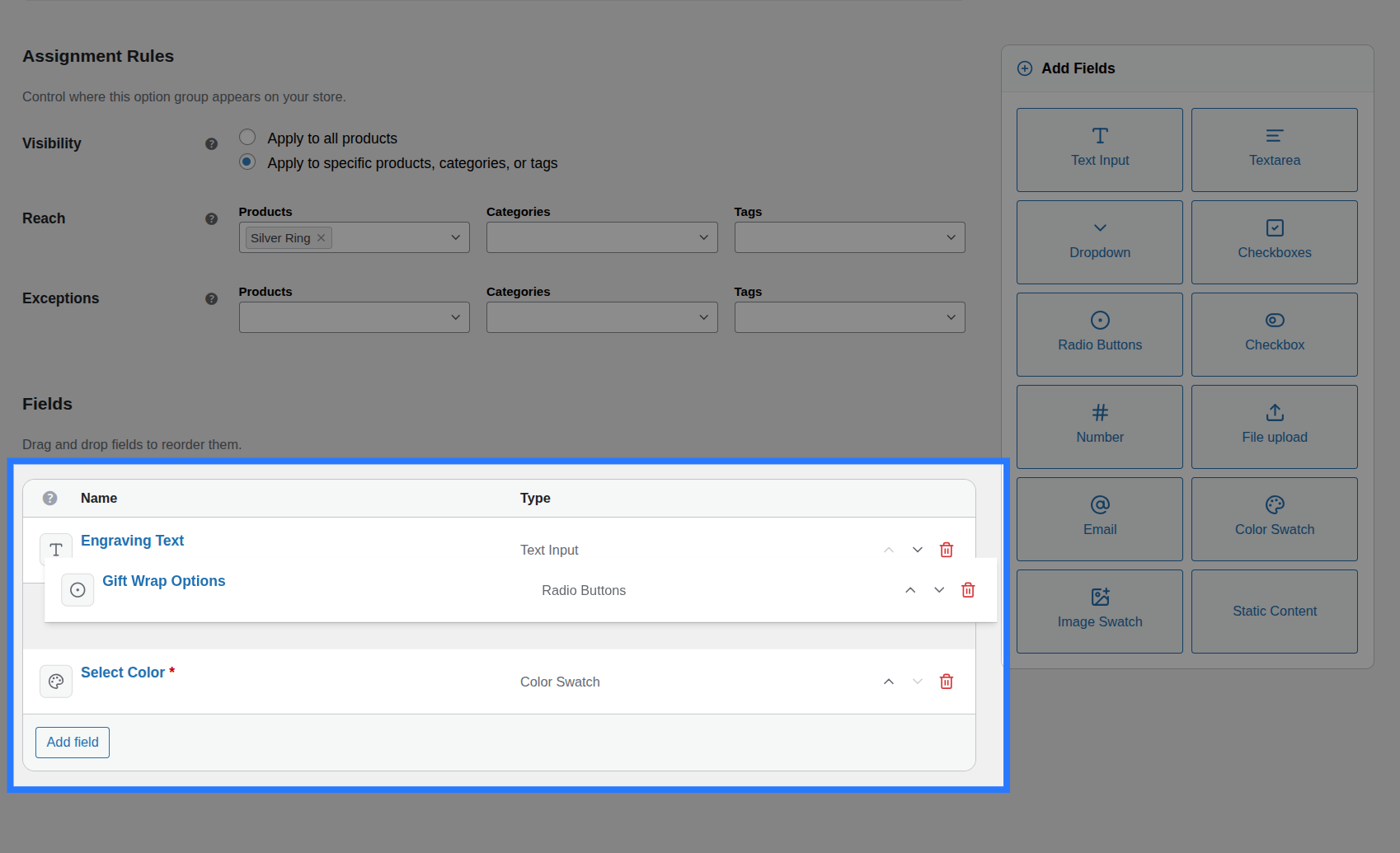 Dragging a field row to reorder within the fields list