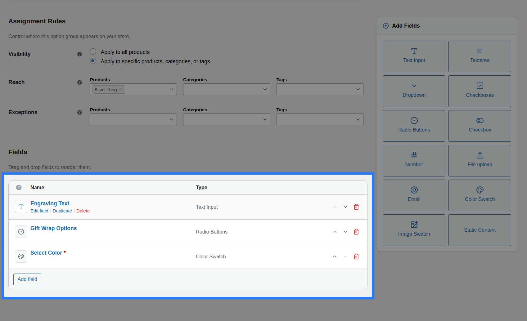 Multiple field rows in their default collapsed state
