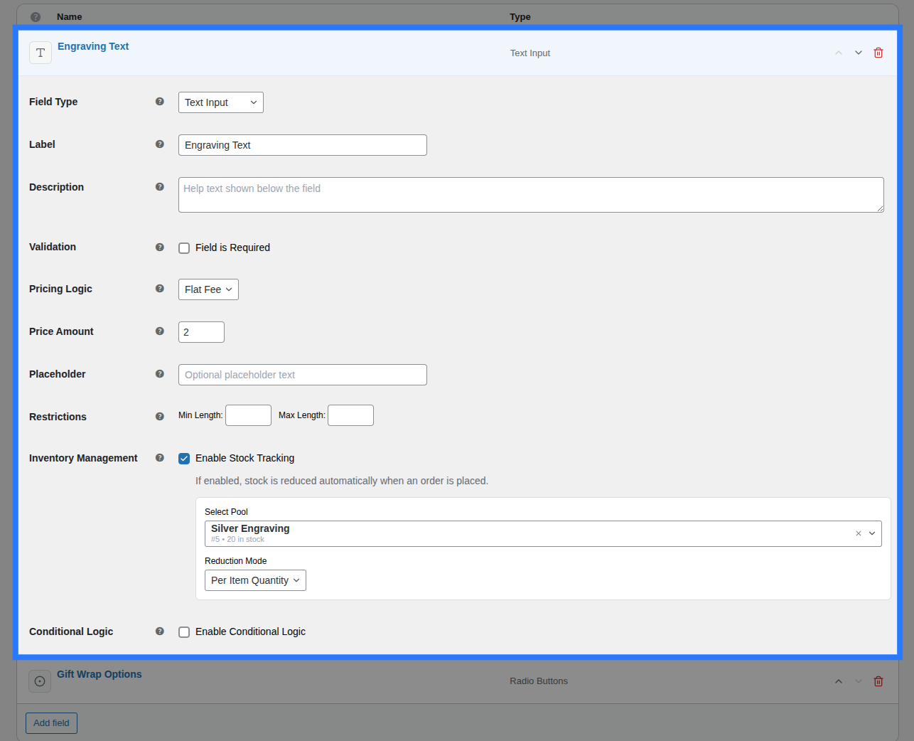 An expanded field row showing all configuration tabs