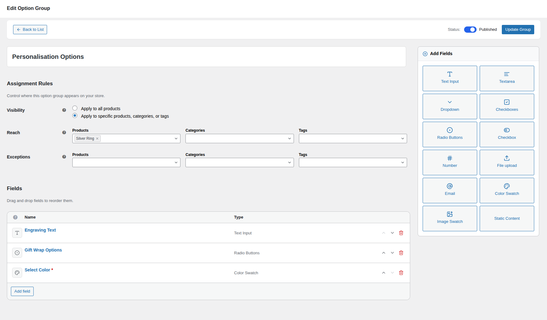 Full Addon Builder screen showing the title input, fields list, assignment rules panel, and the field-type sidebar on the right