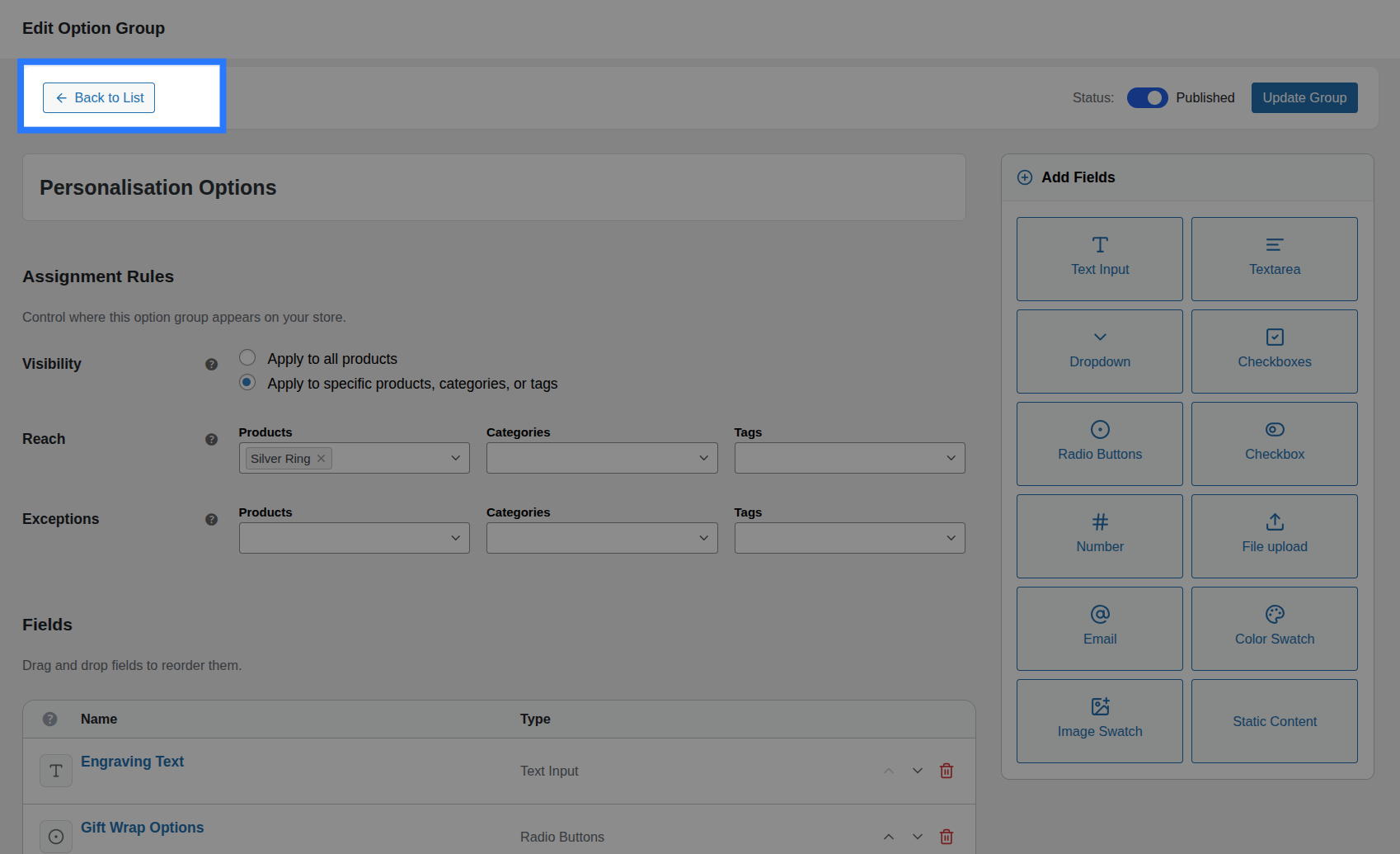 The Addon Builder header bar showing the Back to List link, status toggle, and Save button