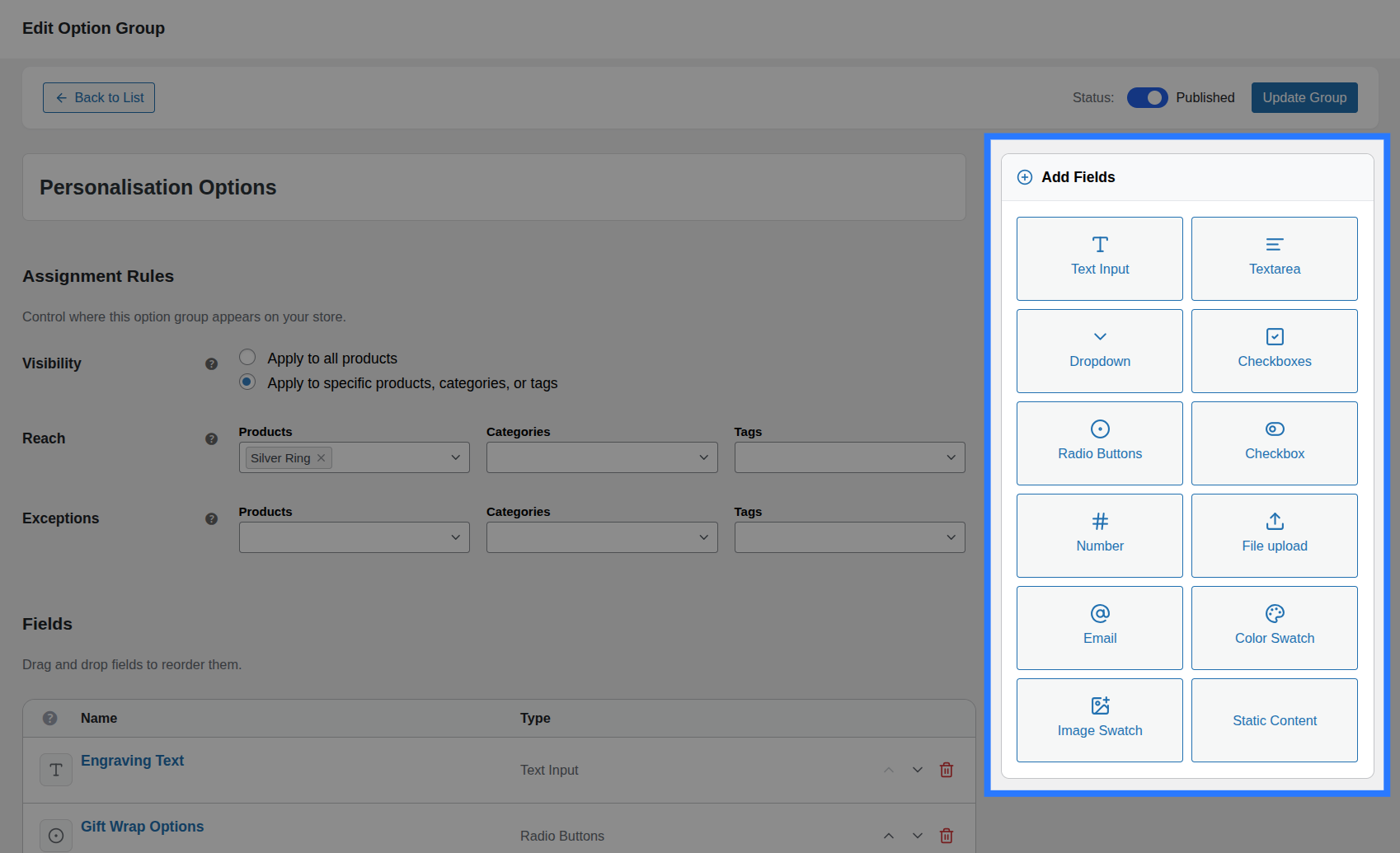 The Add Fields sidebar showing the 2-column grid of field type buttons