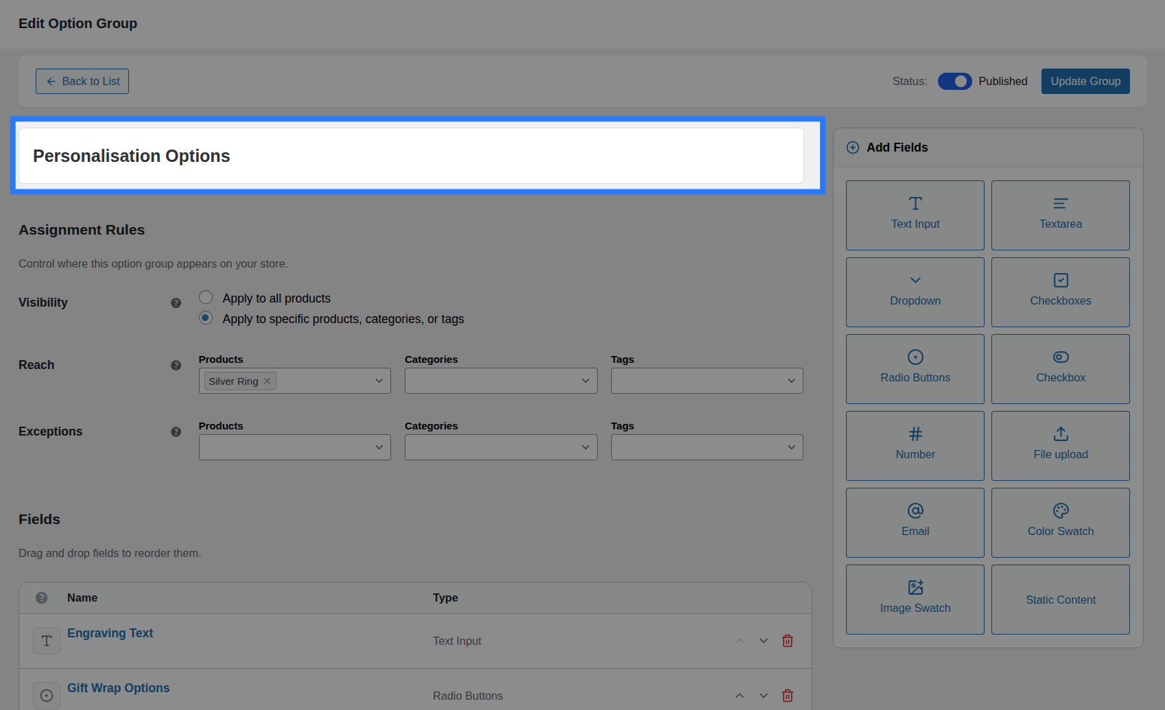 The Group Title input field with a descriptive name typed in