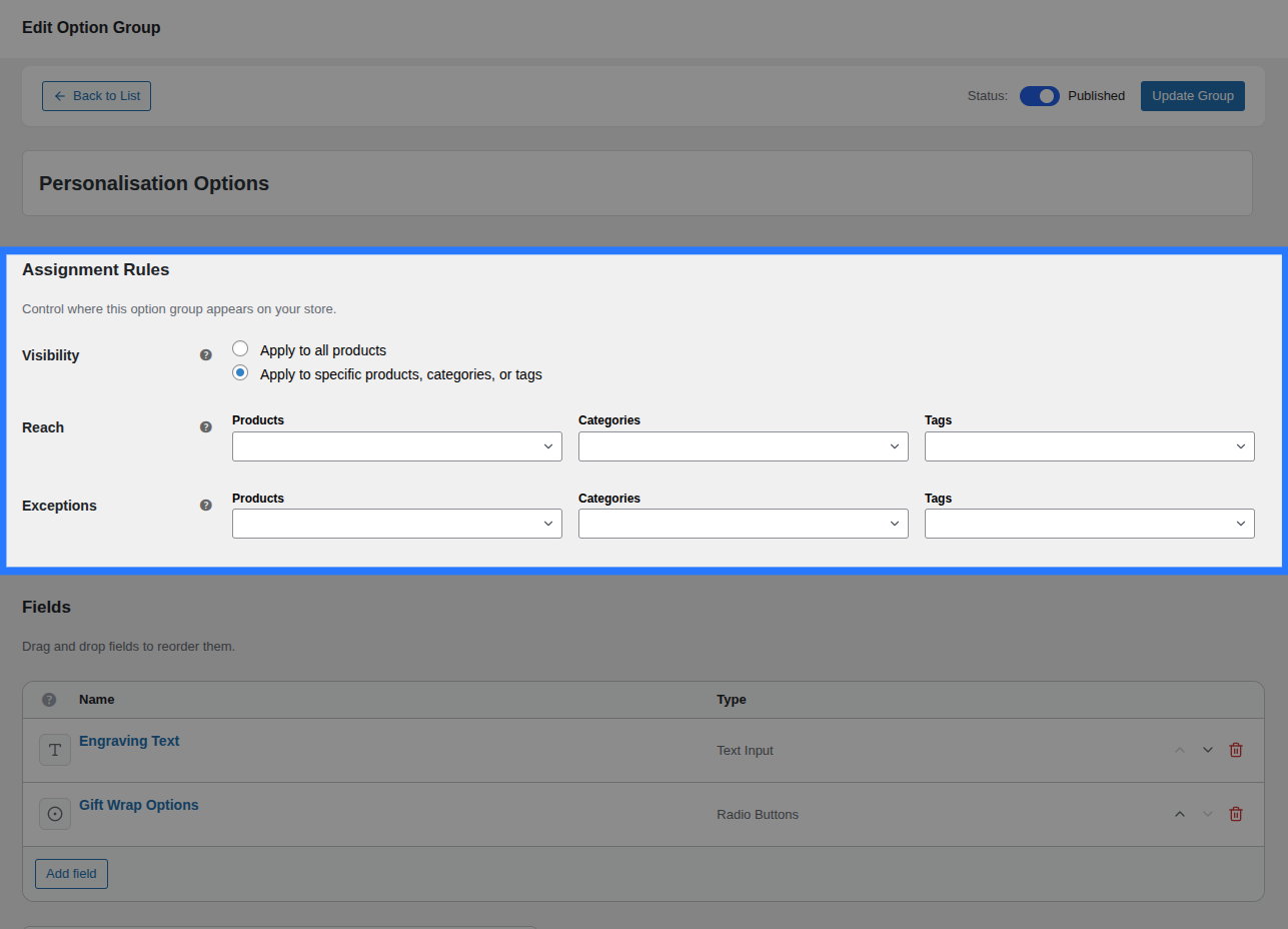 Assignment Rules panel inside the Addon Builder showing global, category, product, and tag rules in a table