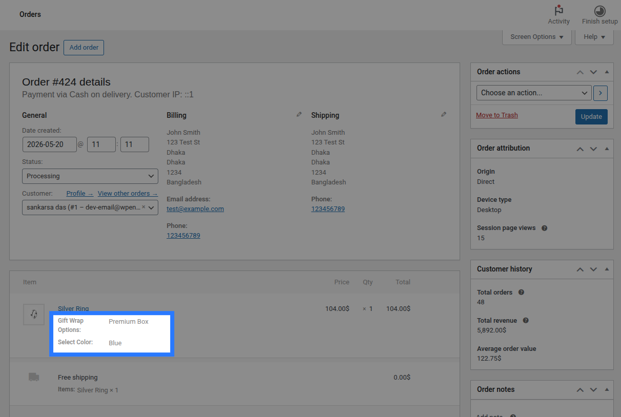 WooCommerce cart page with Smart Product Options and Addons selections listed under the product