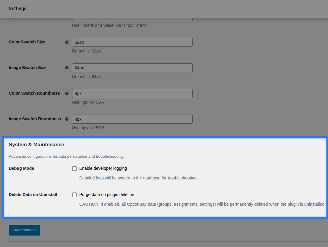 The Export panel expanded inline on the Option Groups page, showing entity checkboxes and a Download JSON button