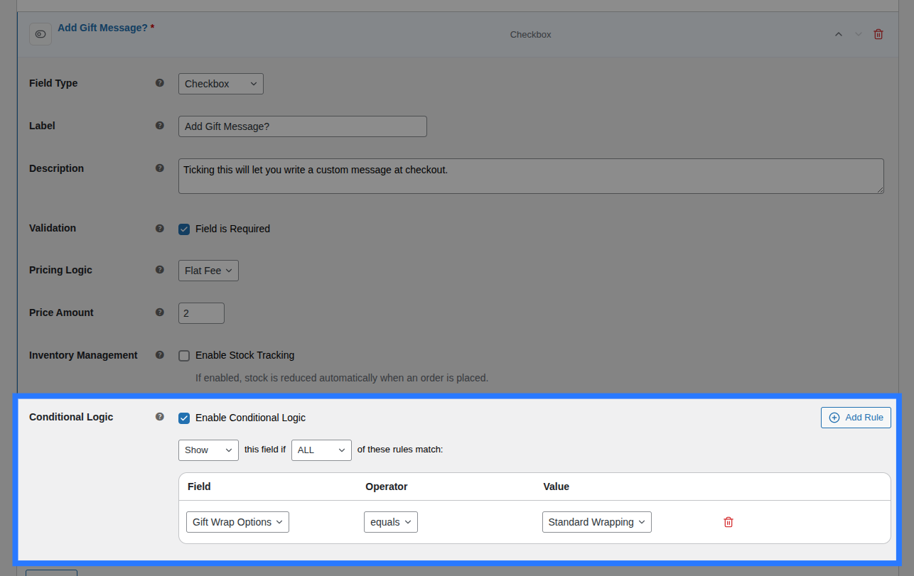 Backend view of Conditions tab for Single Checkbox field