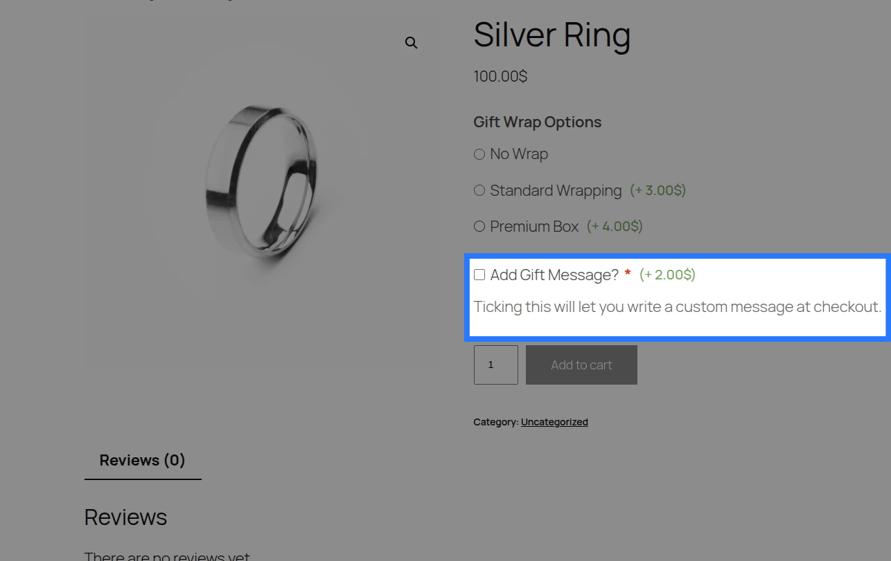 A single checkbox toggle on a product page: "Add gift message? (+$2.00)" with the checkbox ticked