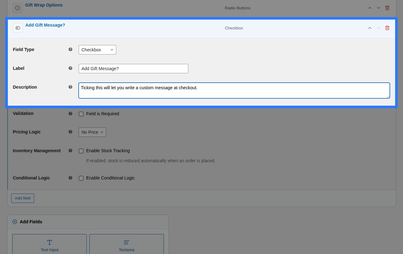 Backend view of General settings for Single Checkbox field