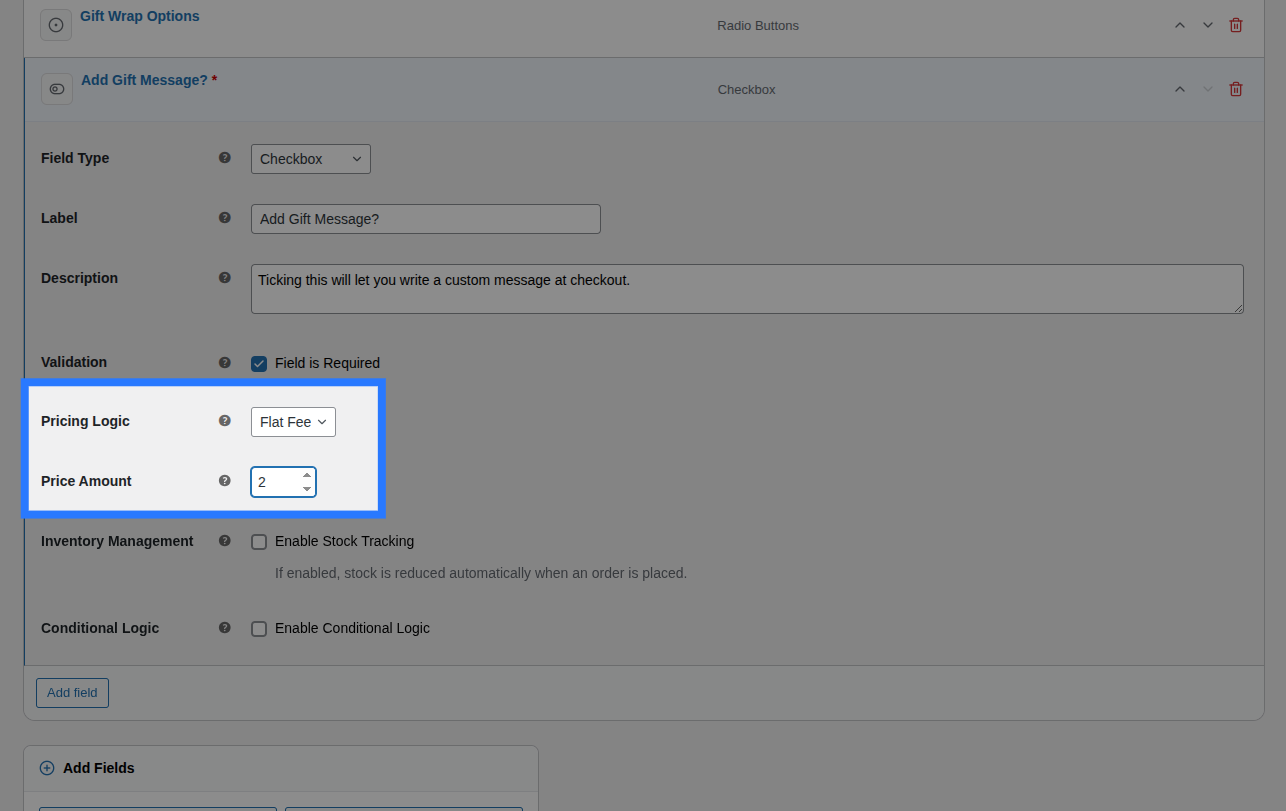Backend view of Pricing settings for Single Checkbox field