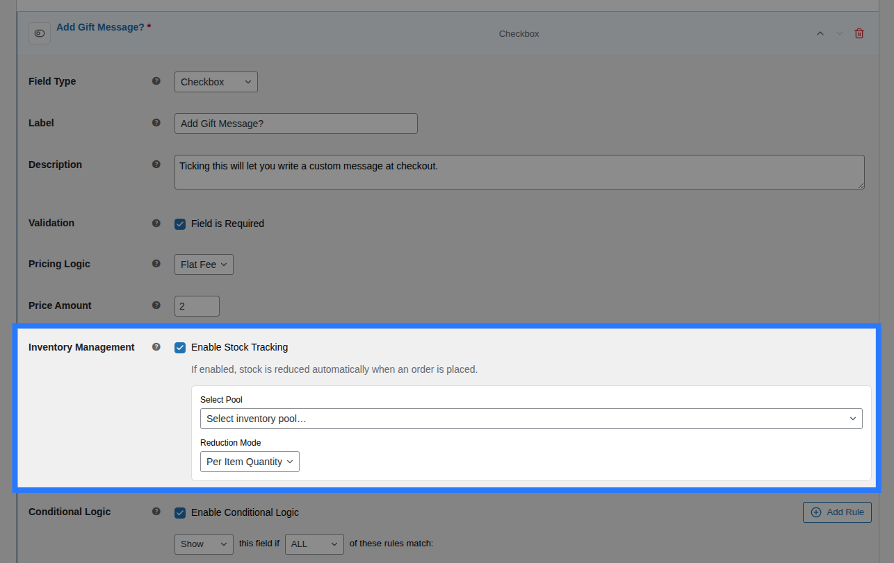 Backend view of Stock tab for Single Checkbox field