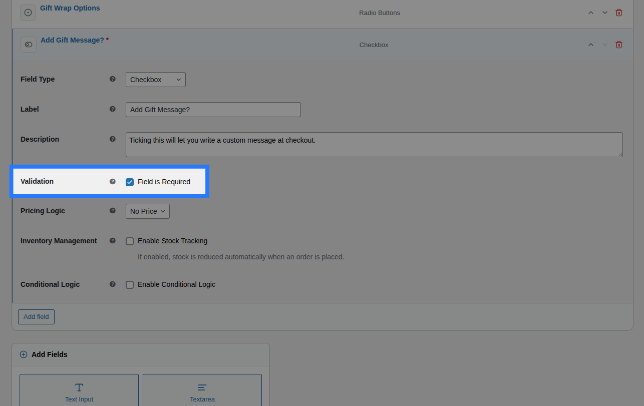 Backend view of Validation settings for Single Checkbox field