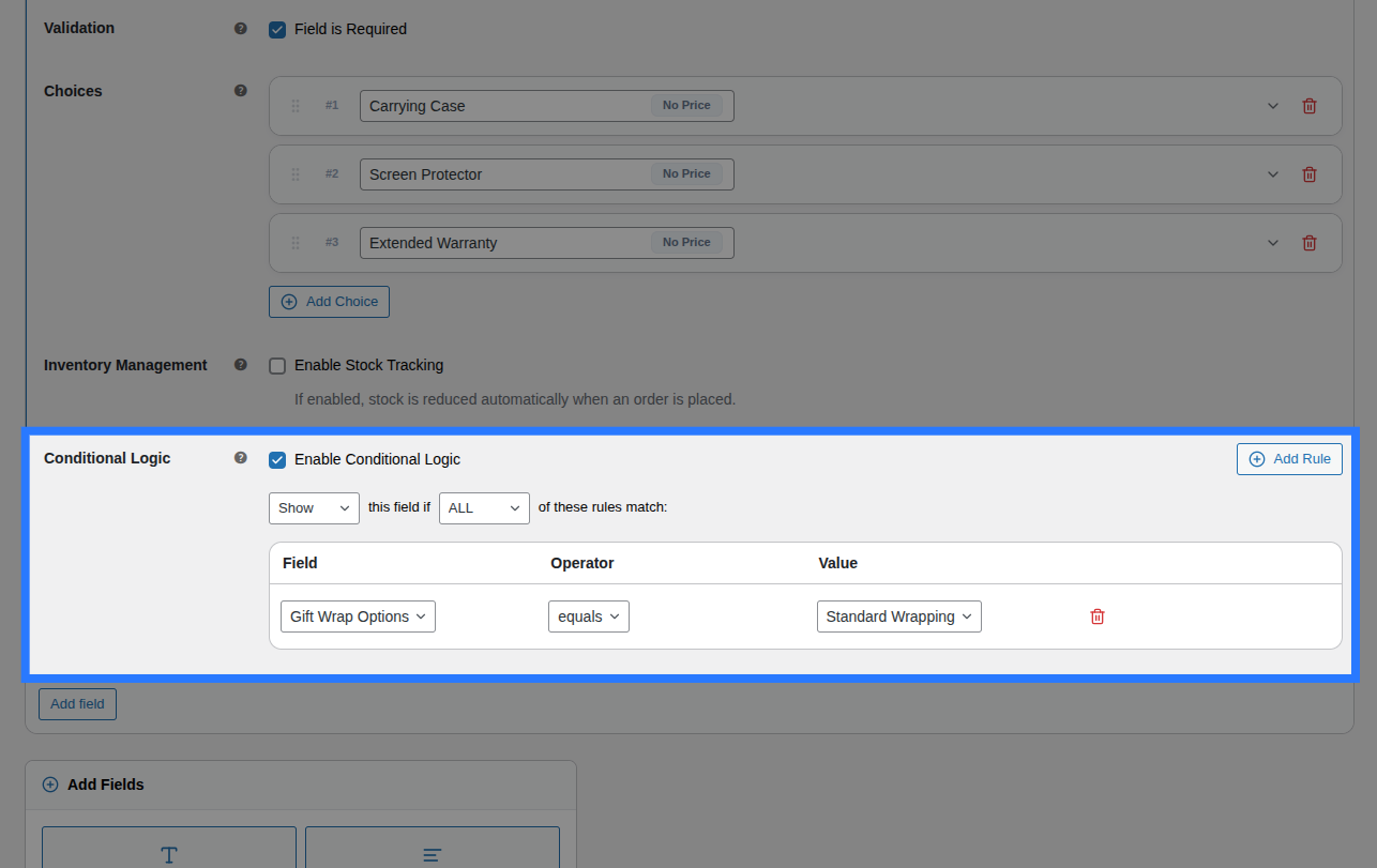 Backend view of Conditions tab for Checkboxes field