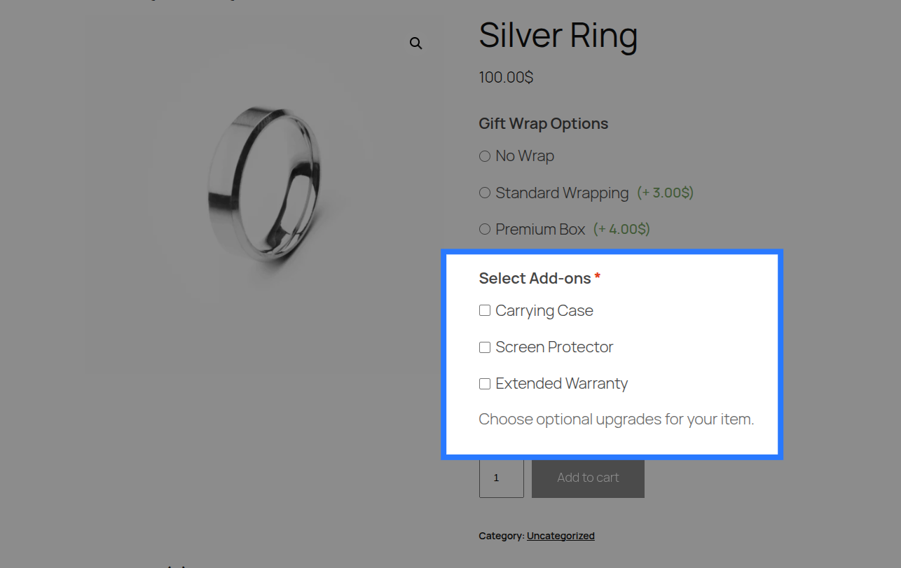 A multi-checkbox group showing four add-on options, two of which are ticked, each with a price badge