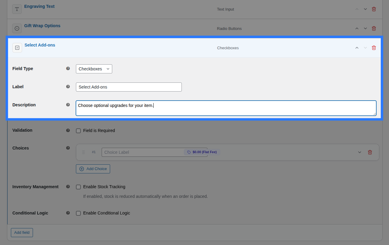 Backend view of General settings for Checkboxes field