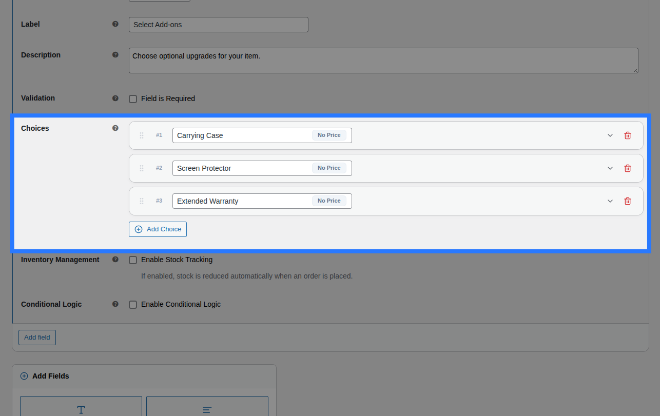 Backend view of Options block for Checkboxes field