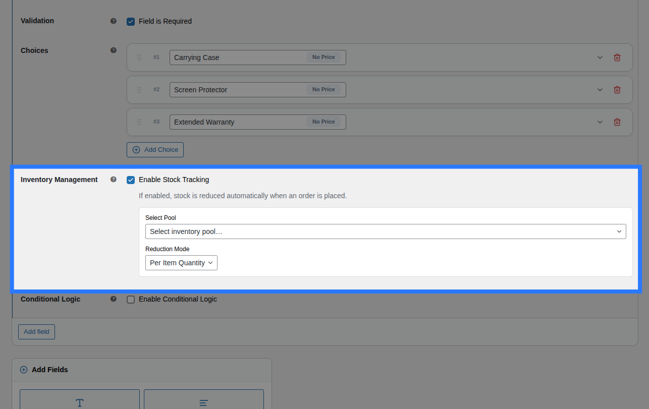 Backend view of Stock tab for Checkboxes field