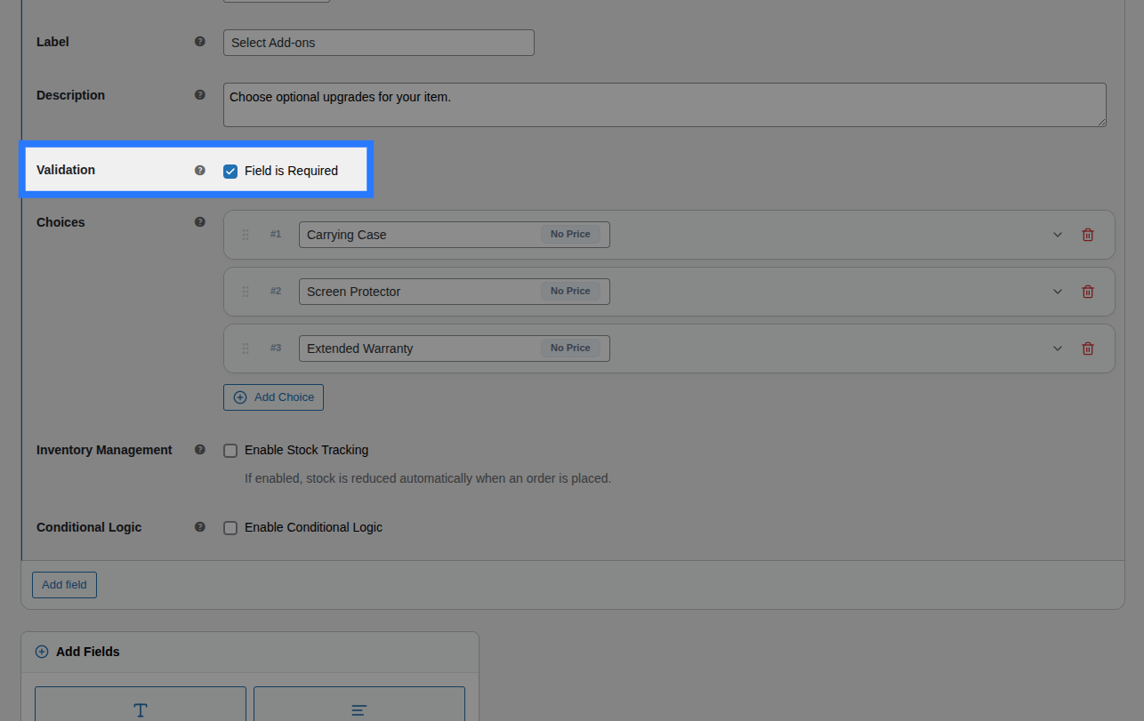 Backend view of Validation settings for Checkboxes field