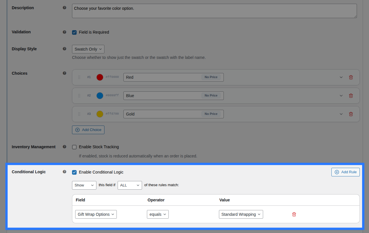 Backend view of Conditions tab for Color Swatch field