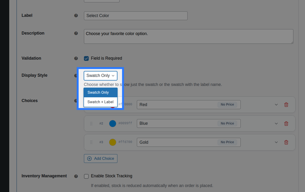 Backend view of Display Style settings for Color Swatch field