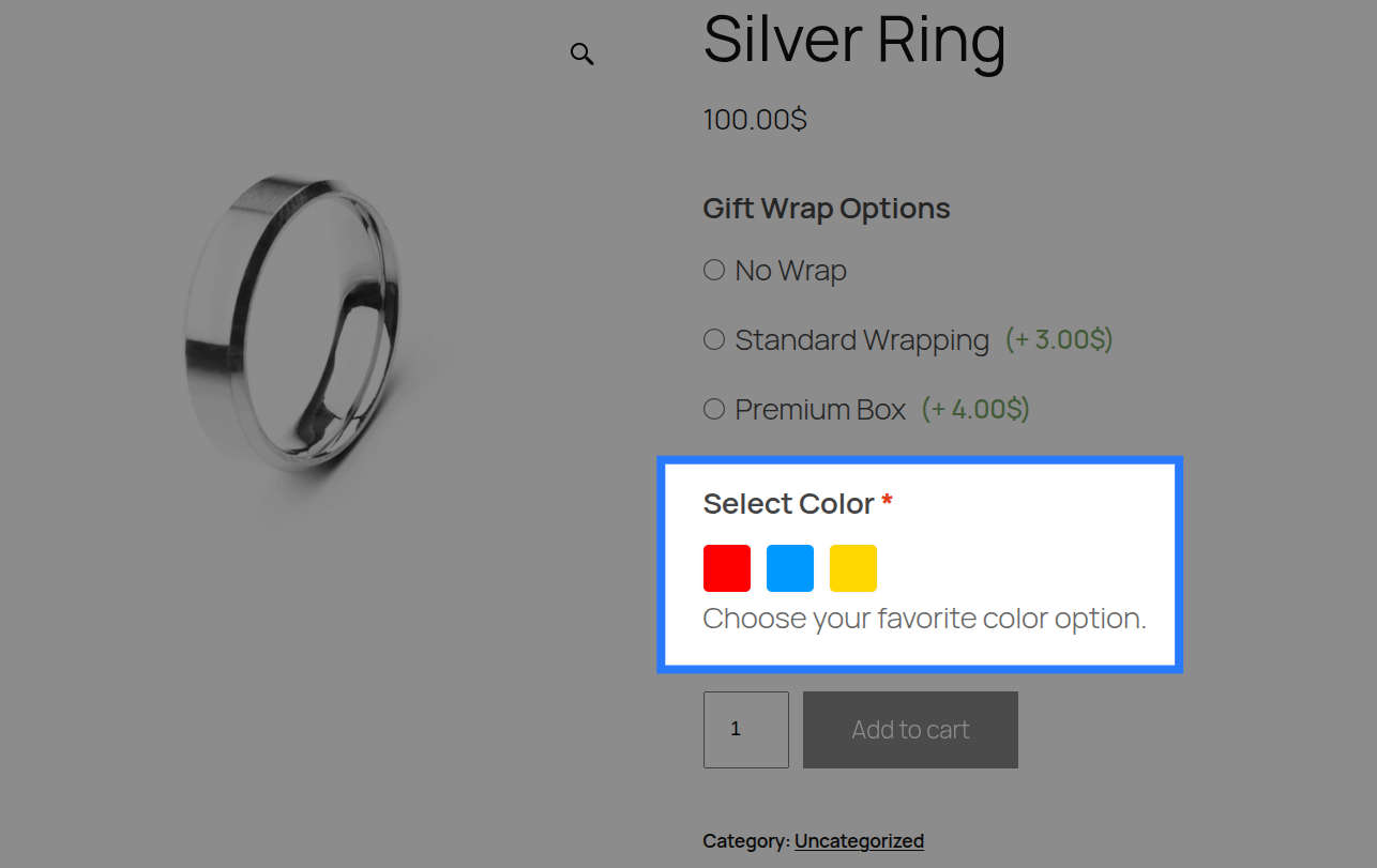 Color Swatch field on a product page showing 6 colored swatches, one selected with a checkmark overlay