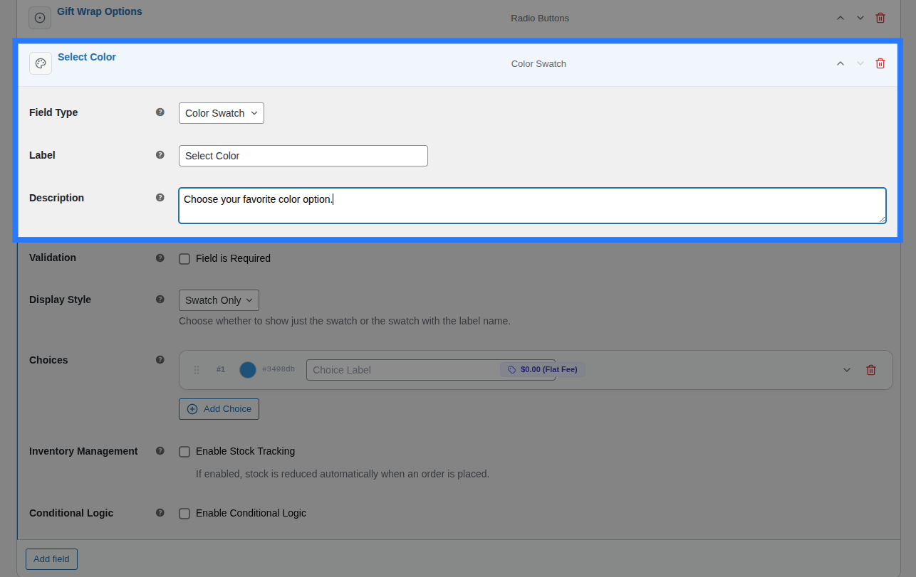 Backend view of General settings for Color Swatch field