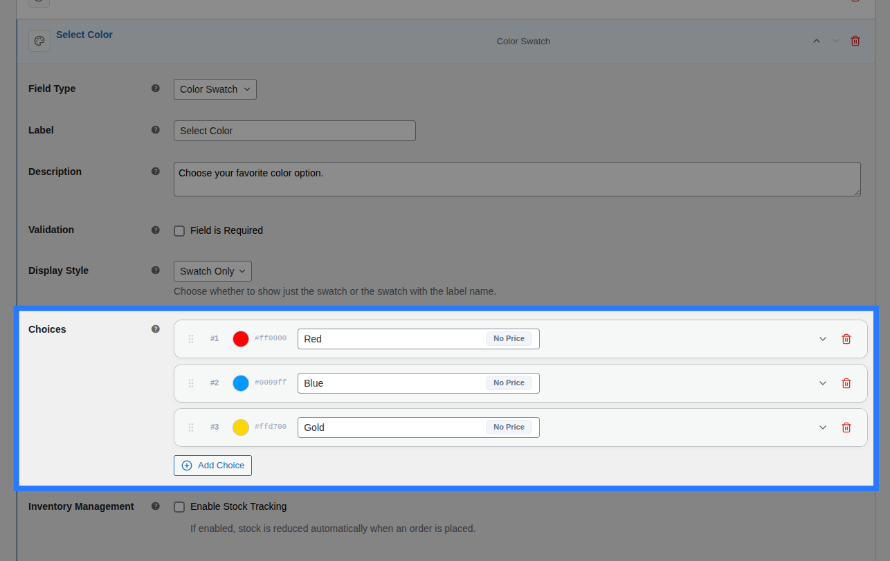 Backend view of Options block for Color Swatch field