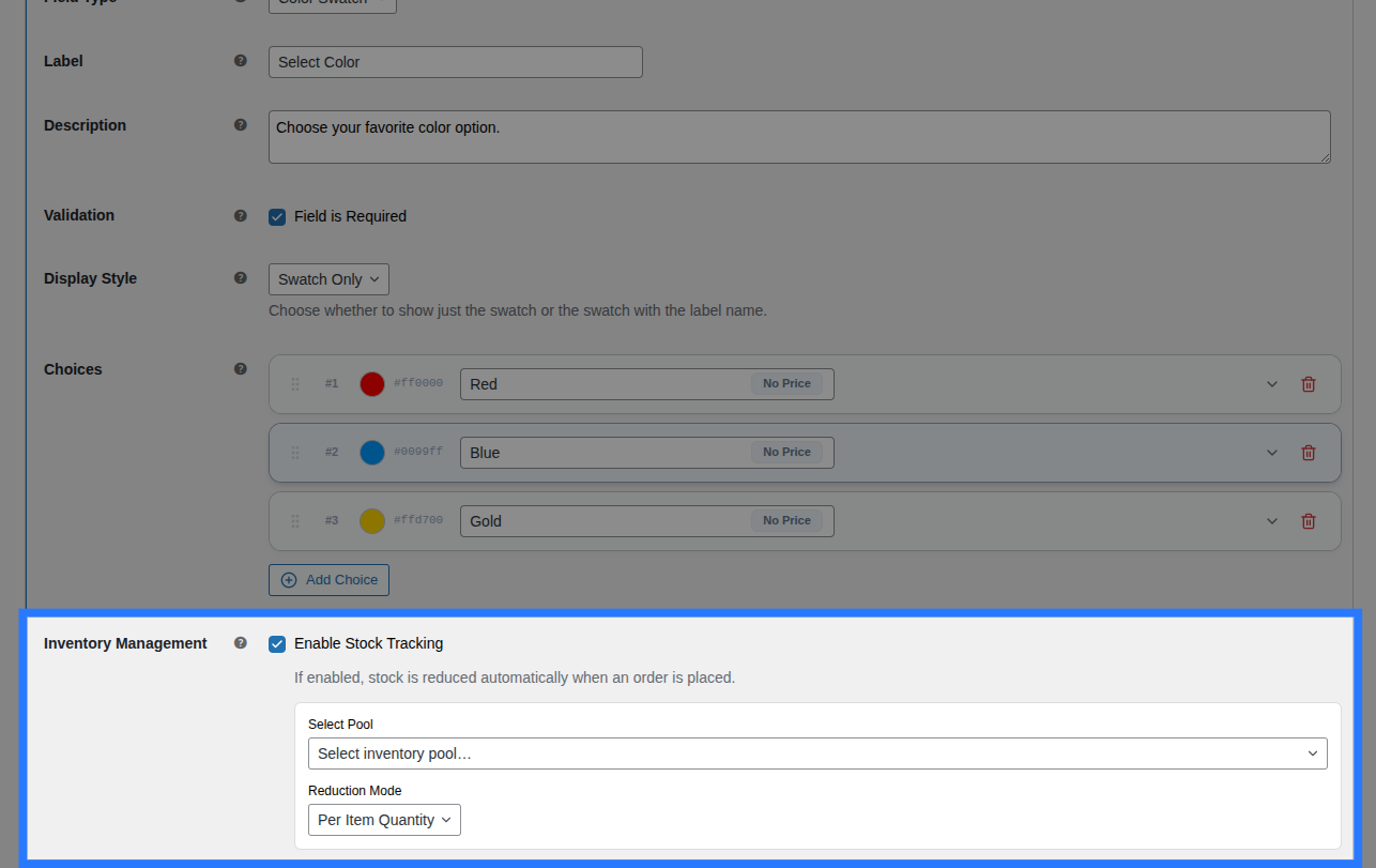 Backend view of Stock tab for Color Swatch field