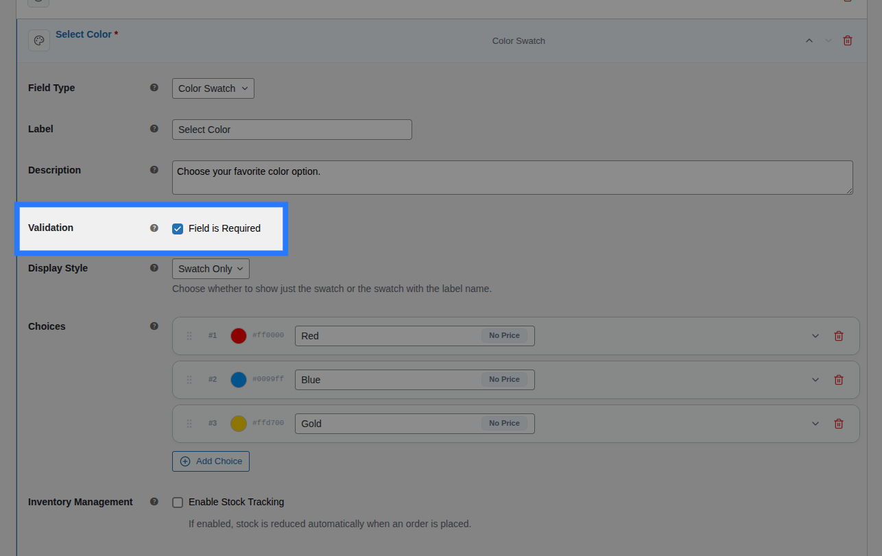 Backend view of Validation settings for Color Swatch field