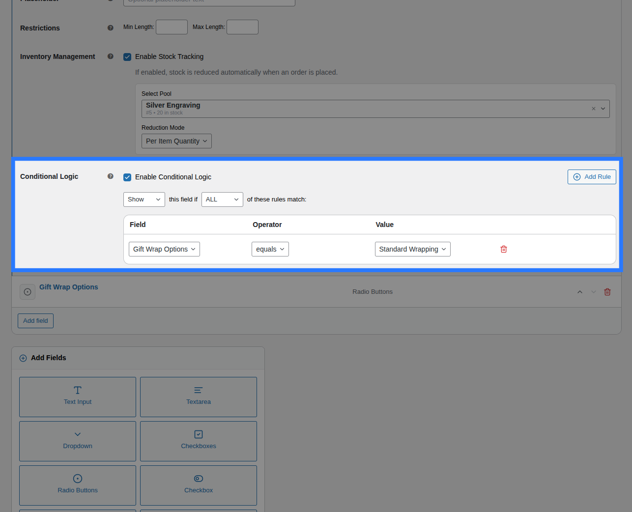 Visibility tab inside the Addon Builder showing condition rules configured for a field