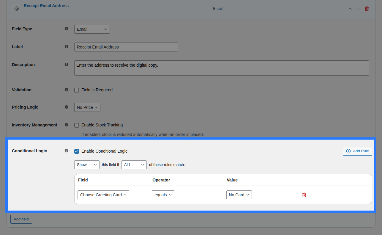 Backend view of Conditions tab for Email field