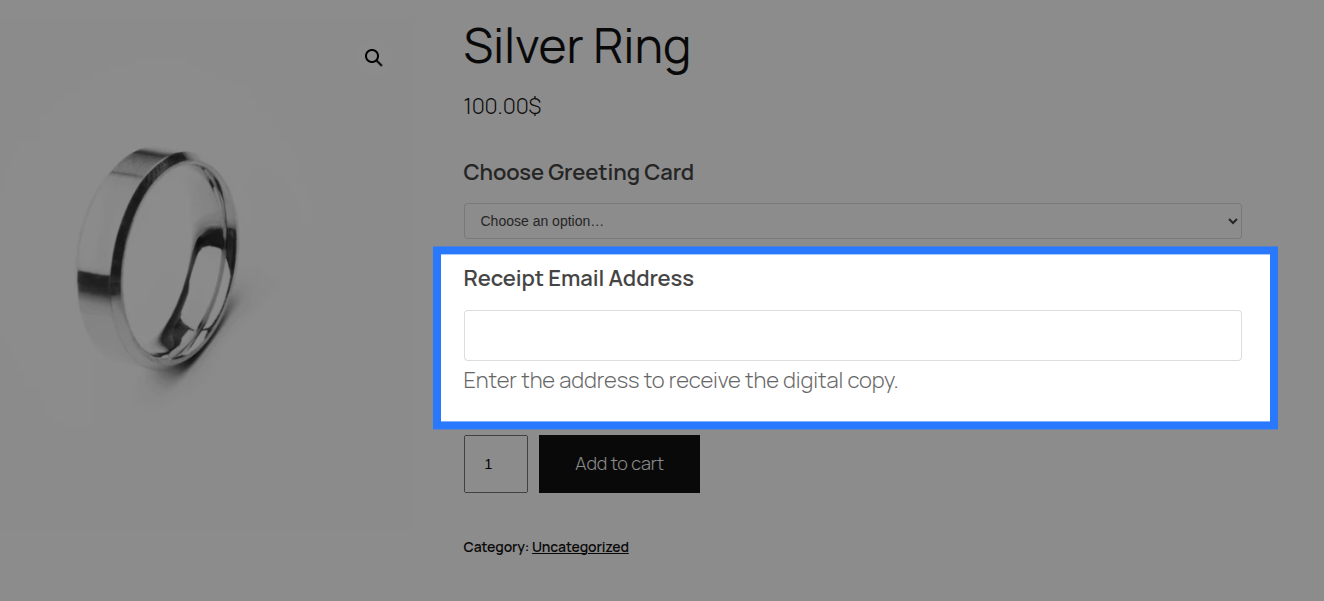 Email input field on a product page showing a label, email input, and a browser validation tooltip for an invalid address