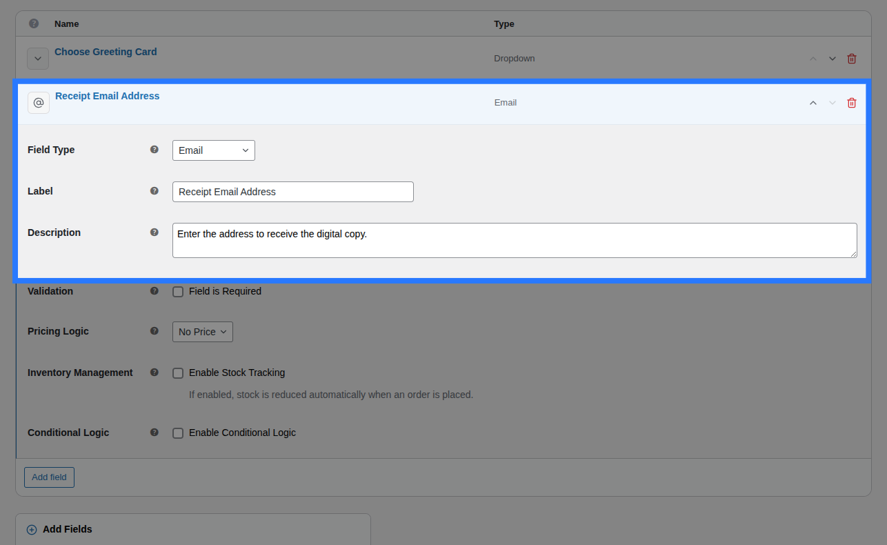 Backend view of General settings for Email field
