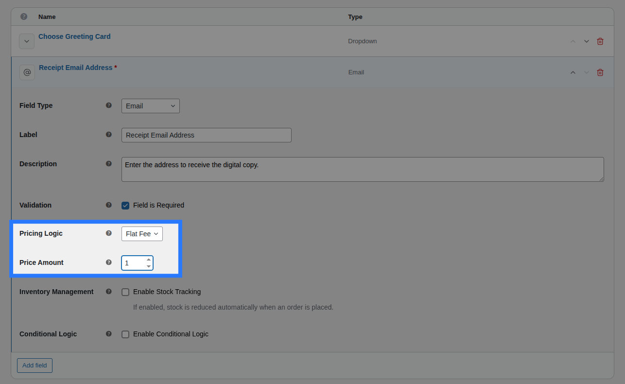 Backend view of Pricing settings for Email field
