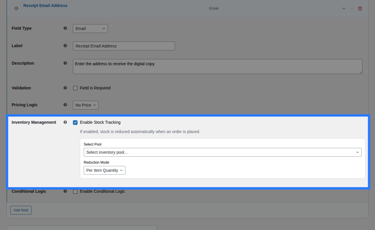 Backend view of Stock tab for Email field