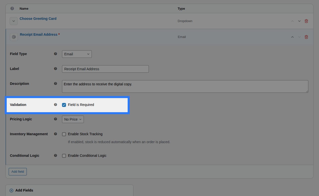 Backend view of Validation settings for Email field