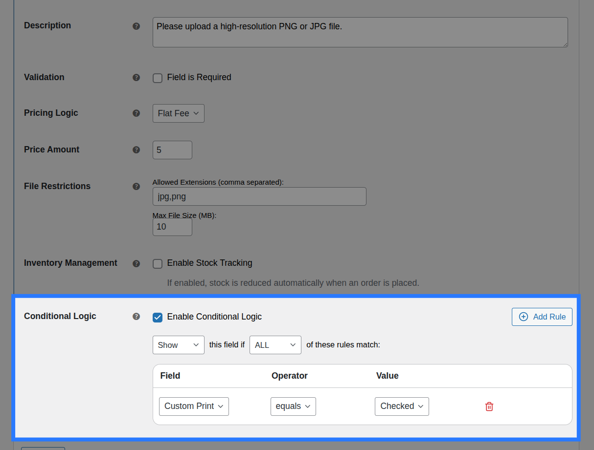 Backend view of Conditions tab for File Upload field