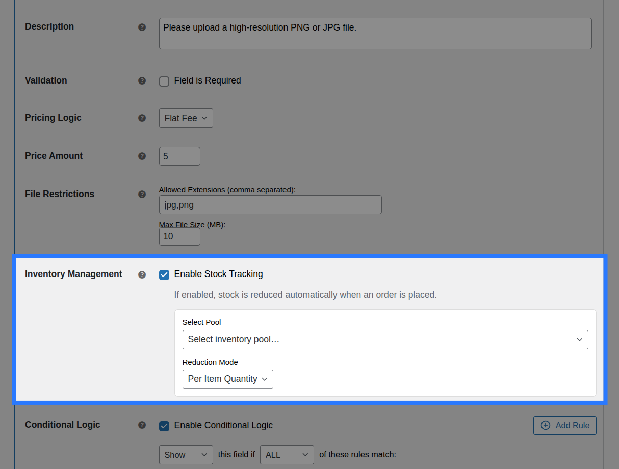 File upload field on a product page: the native file input, filename shown after selection, and the allowed types + max size hint below