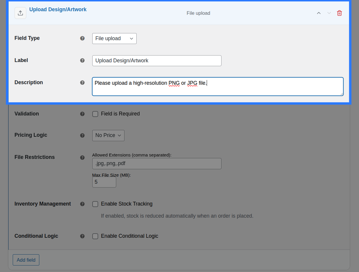 Backend view of General settings for File Upload field