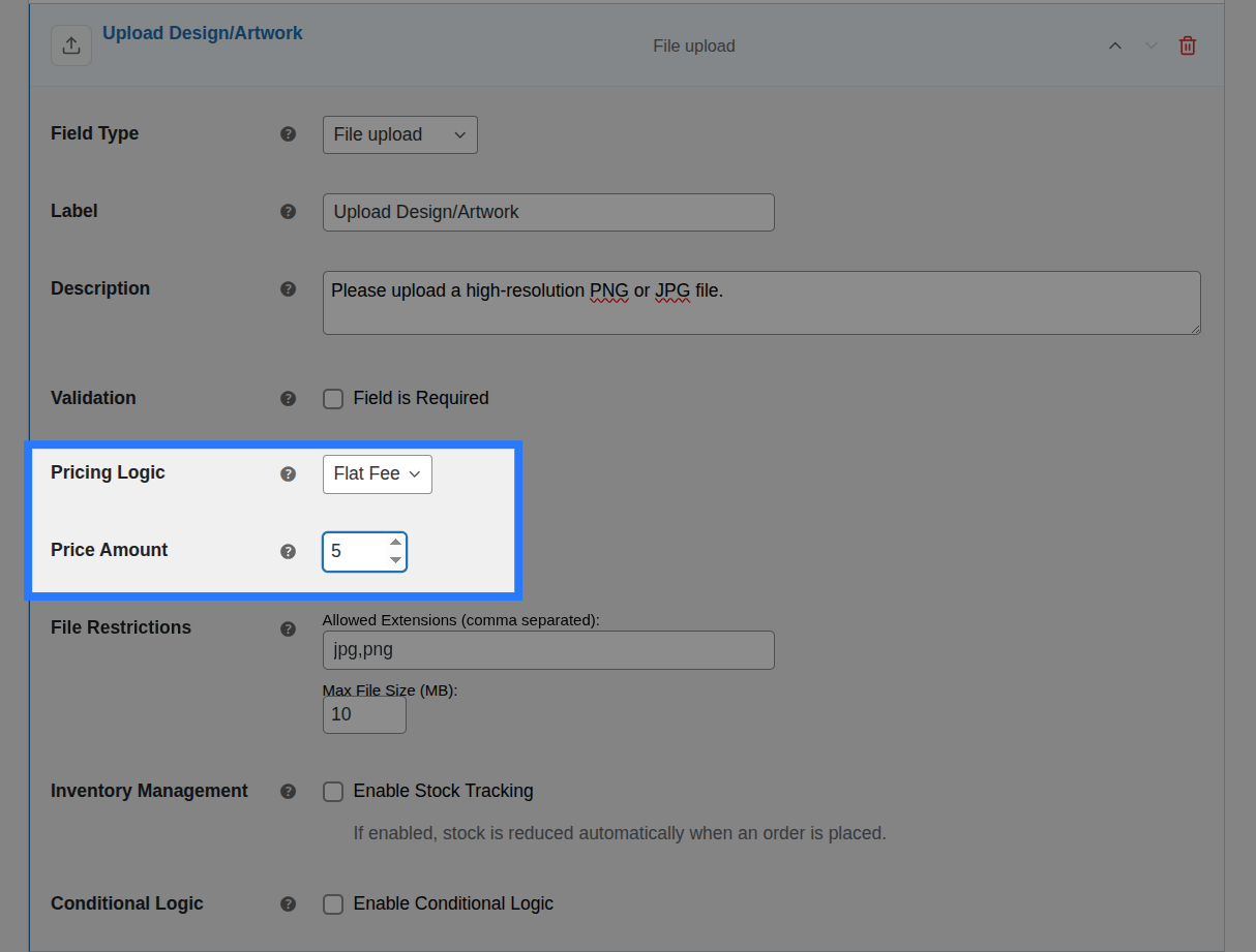 Backend view of Pricing settings for File Upload field