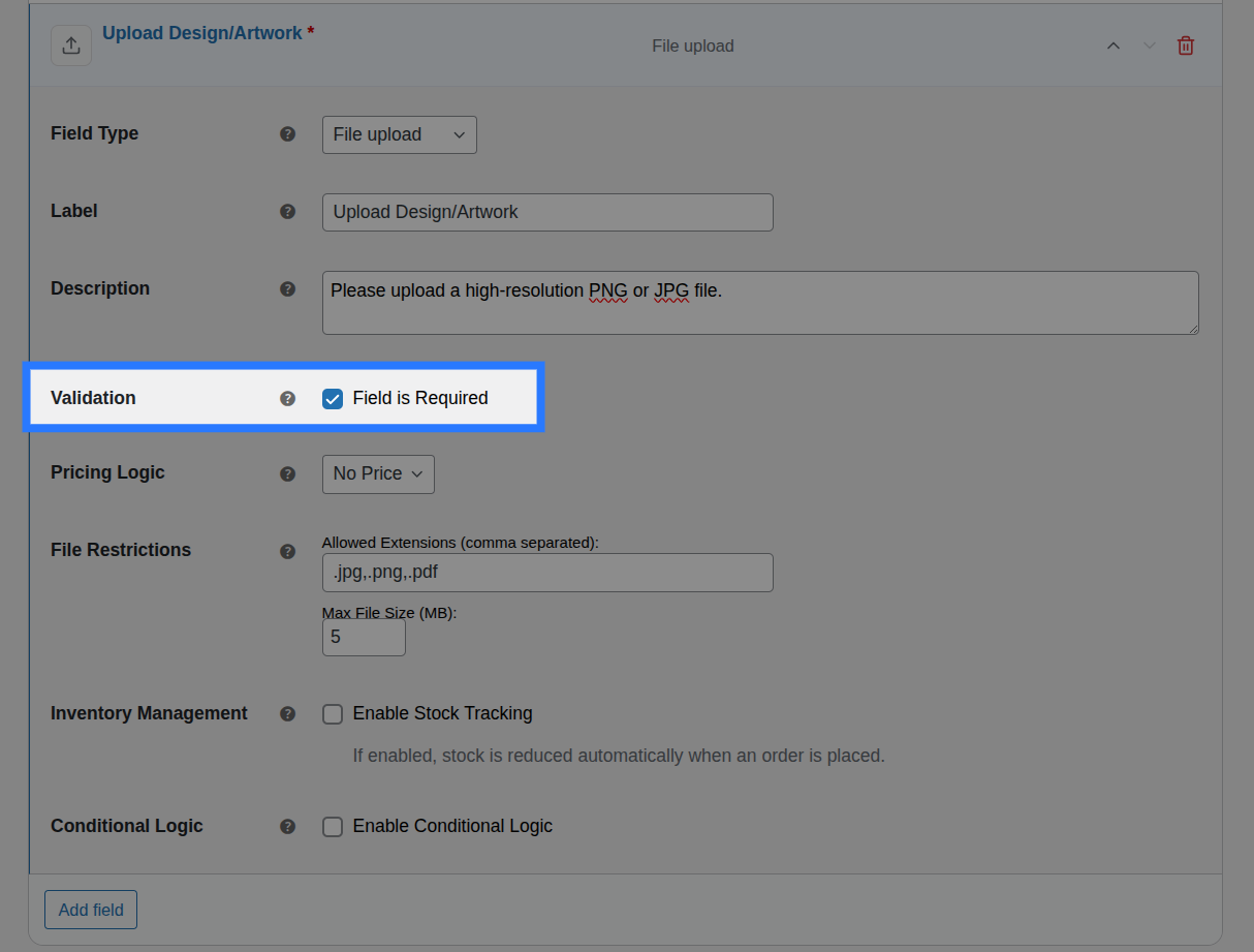 Backend view of Validation settings for File Upload field