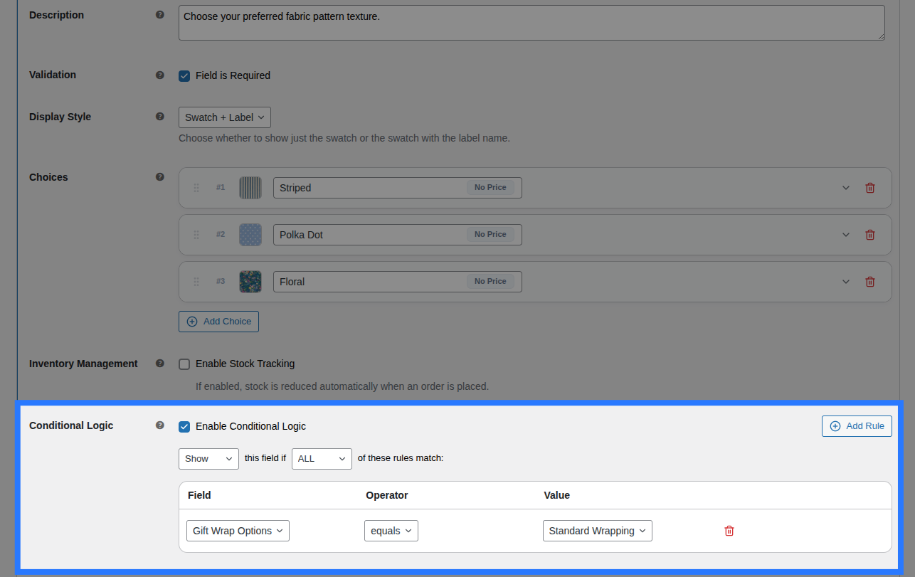 Backend view of Conditions tab for Image Swatch field