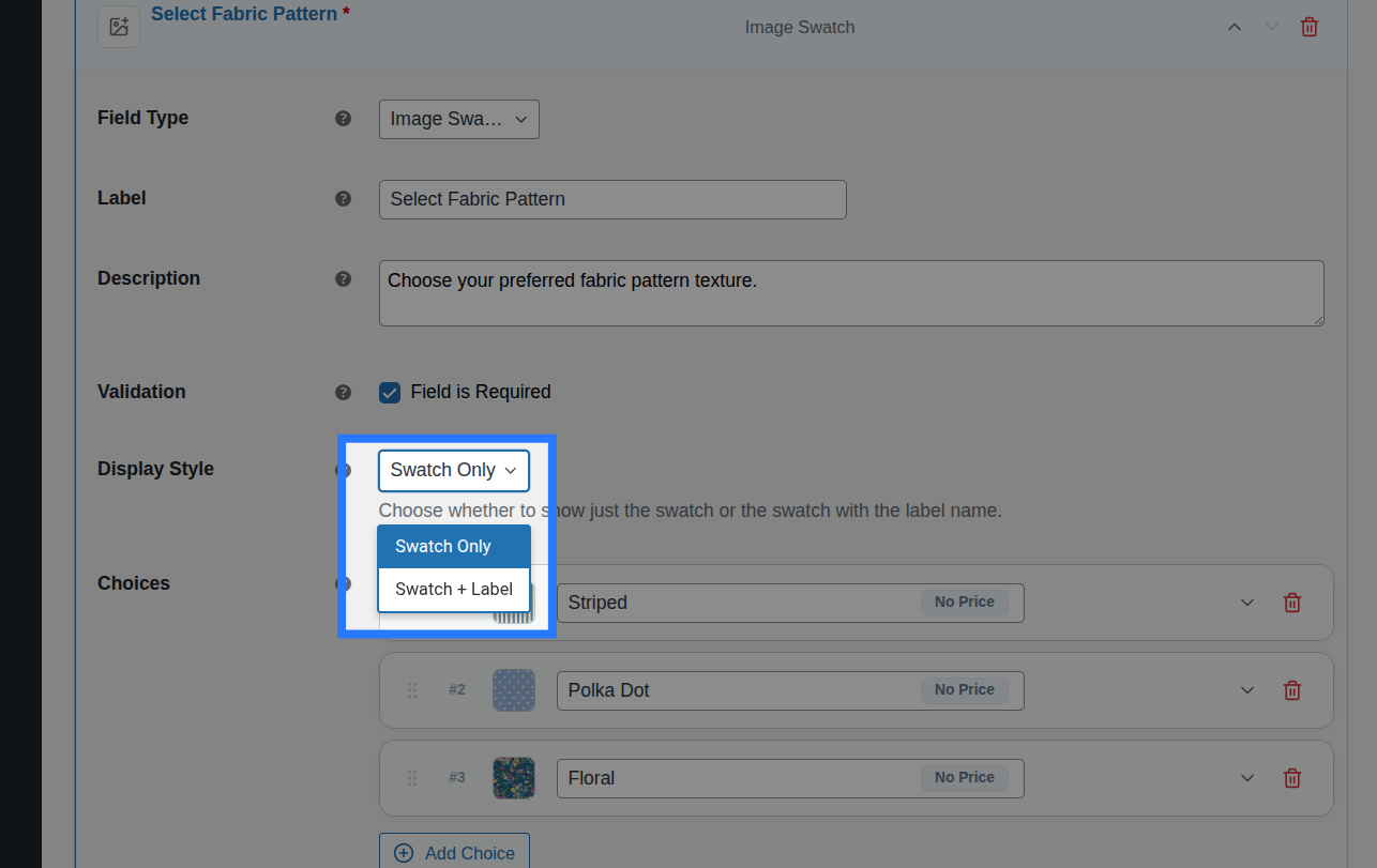 Backend view of Display Style settings for Image Swatch field
