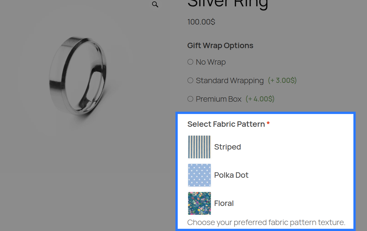 Image Swatch field on a product page showing 4 fabric texture thumbnails, one highlighted with a selection border
