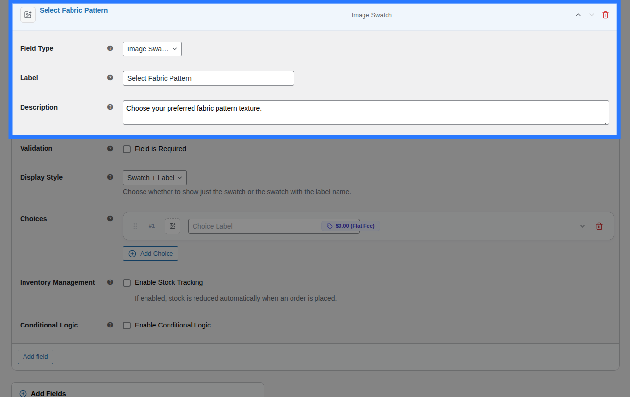 Backend view of General settings for Image Swatch field