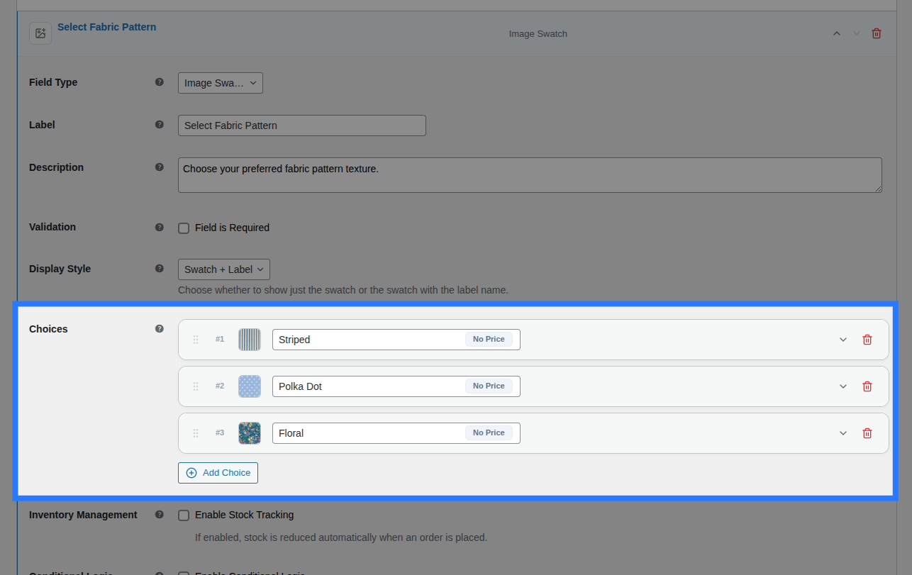 Backend view of Options block for Image Swatch field