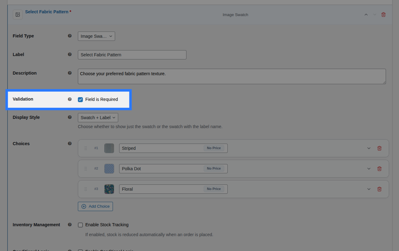 Backend view of Validation settings for Image Swatch field