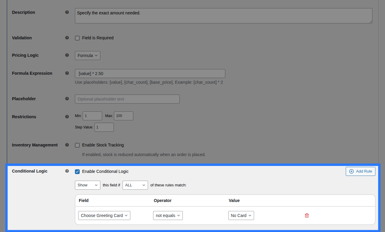 Backend view of Conditions tab for Number field