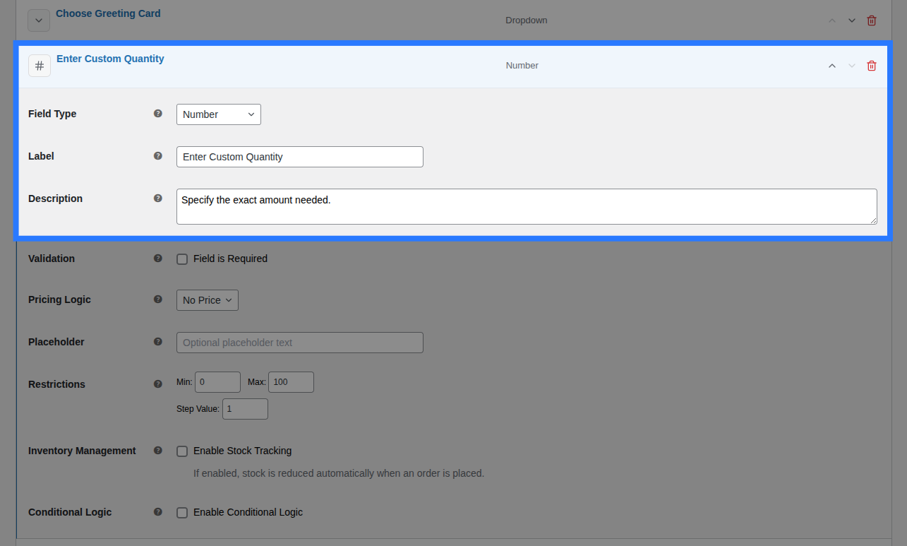 Backend view of General settings for Number field