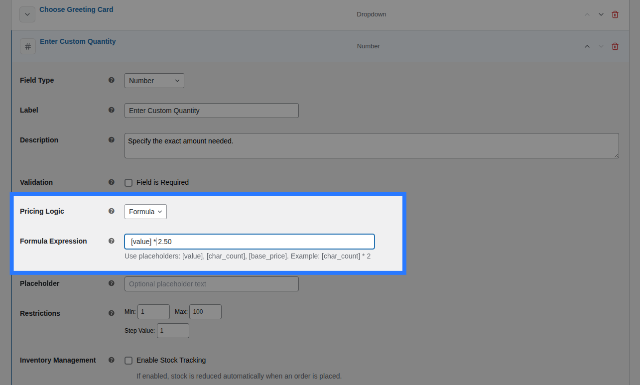 Backend view of Pricing settings for Number field